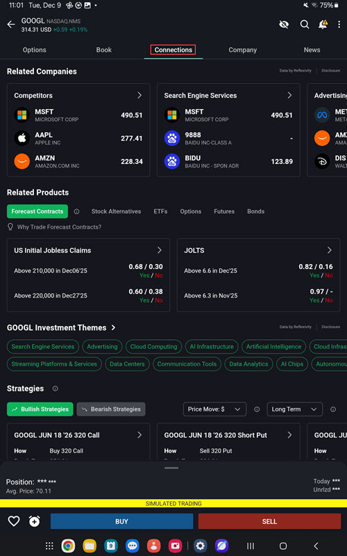 The connections tab on the android tablet. 